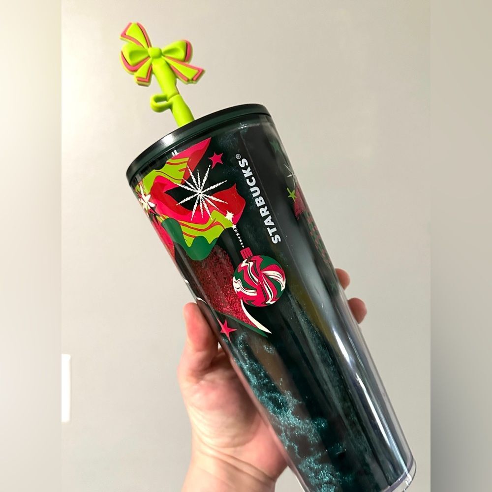 Starbucks 2023 Christmas Ribbon and ornaments plastic tumbler with topper